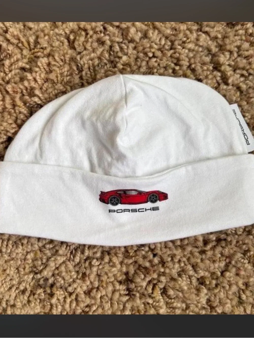 Baby White Beanie with Porsche Red Sports Car